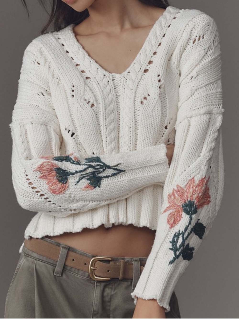 Pilcro Oversized Embroidered Cable-Knit Sweater Size L